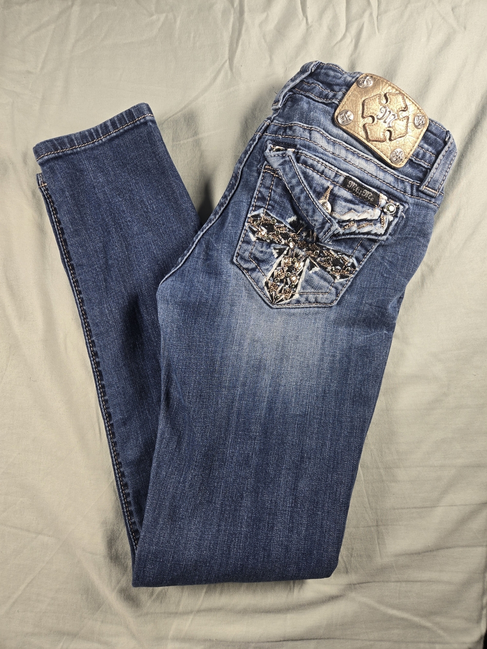 Miss Me Blue Skinny Jeans with Embellished Back Pockets - Picture 1 of 12